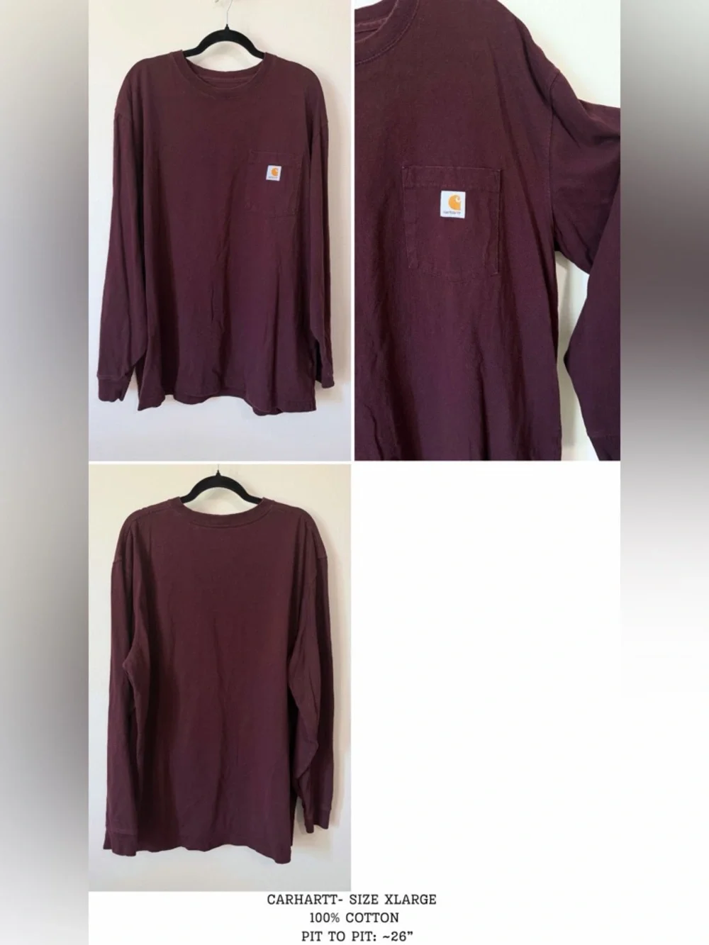 Carhartt maroon long sleeve chest pocket tee shirt size extra large 100% cotton - Picture 5 of 5